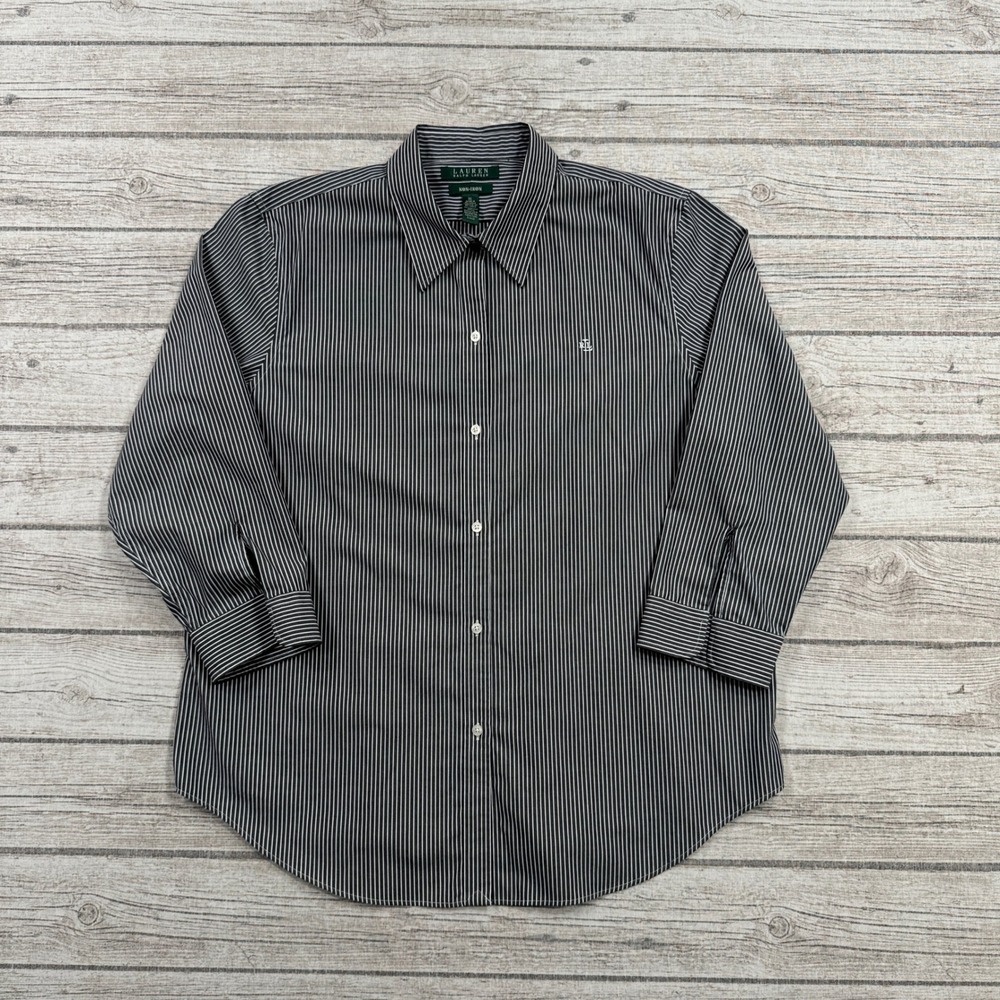Lauren Ralph Lauren Shirt Women's XL Black White Pinstripe Button Down Western